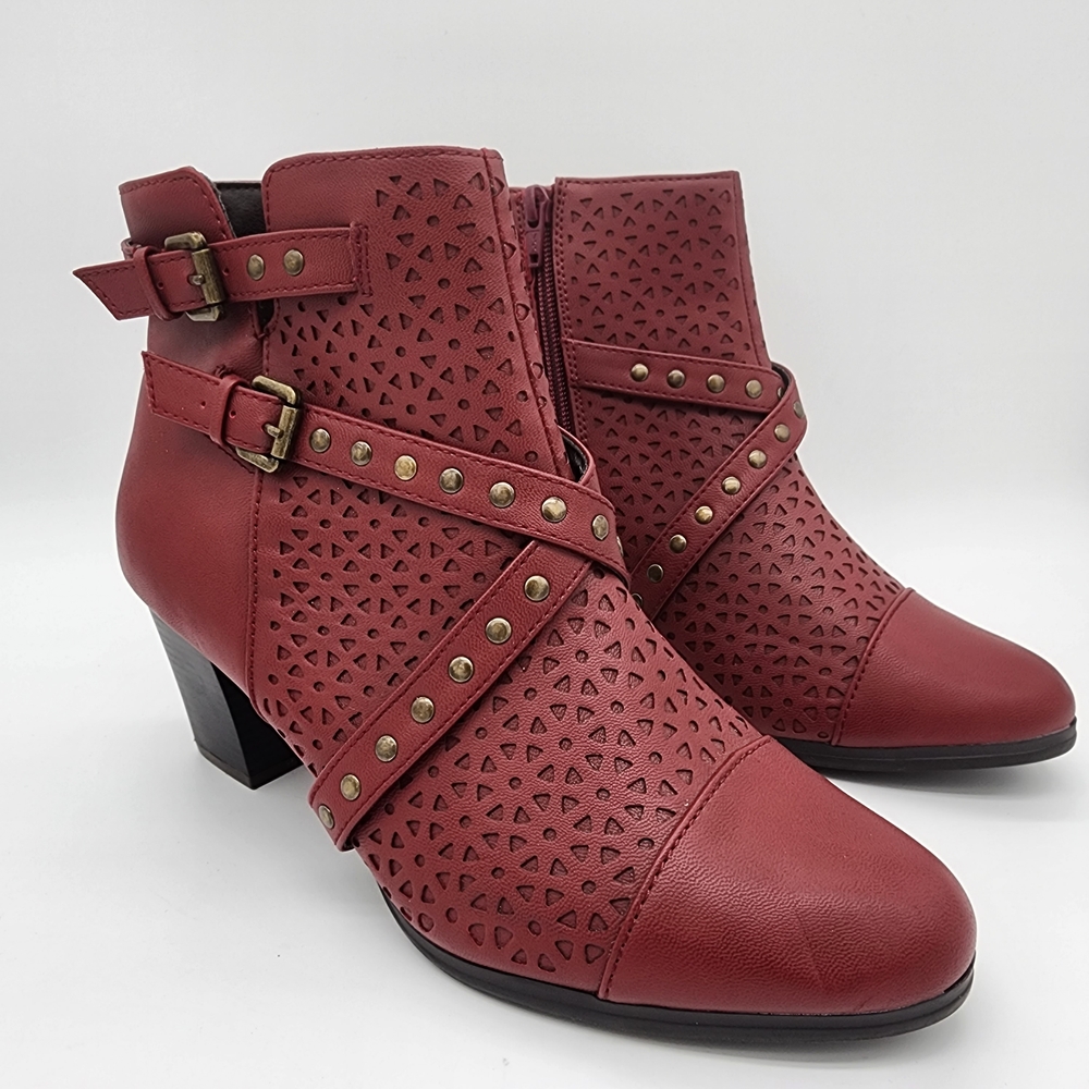 Rialto Fisher Studded Perforated Faux Leather Red Ankle Boots Size 8.5